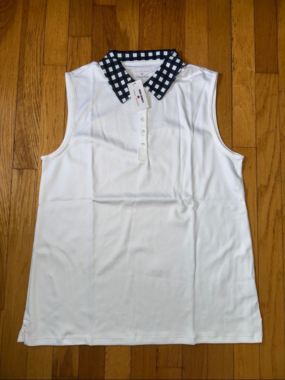 Draper James White Sleeveless Polo Tank with Navy Gingham Collar